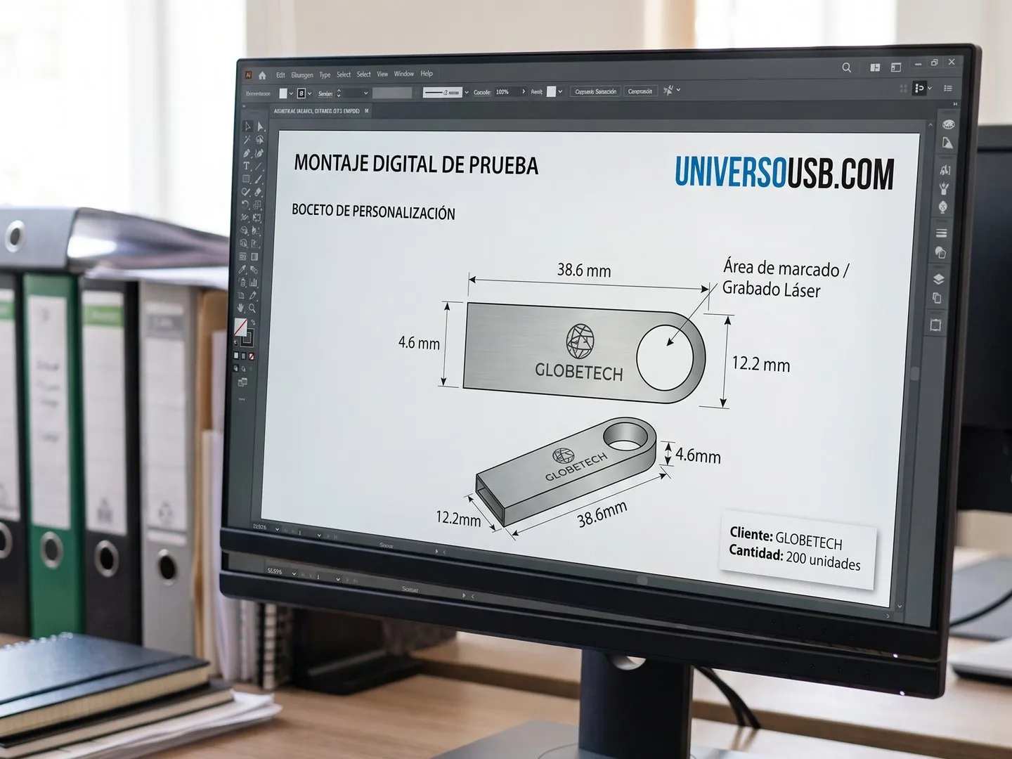 Monitor con el montaje digital de prueba de un pendrive con logo de UniversoUSB